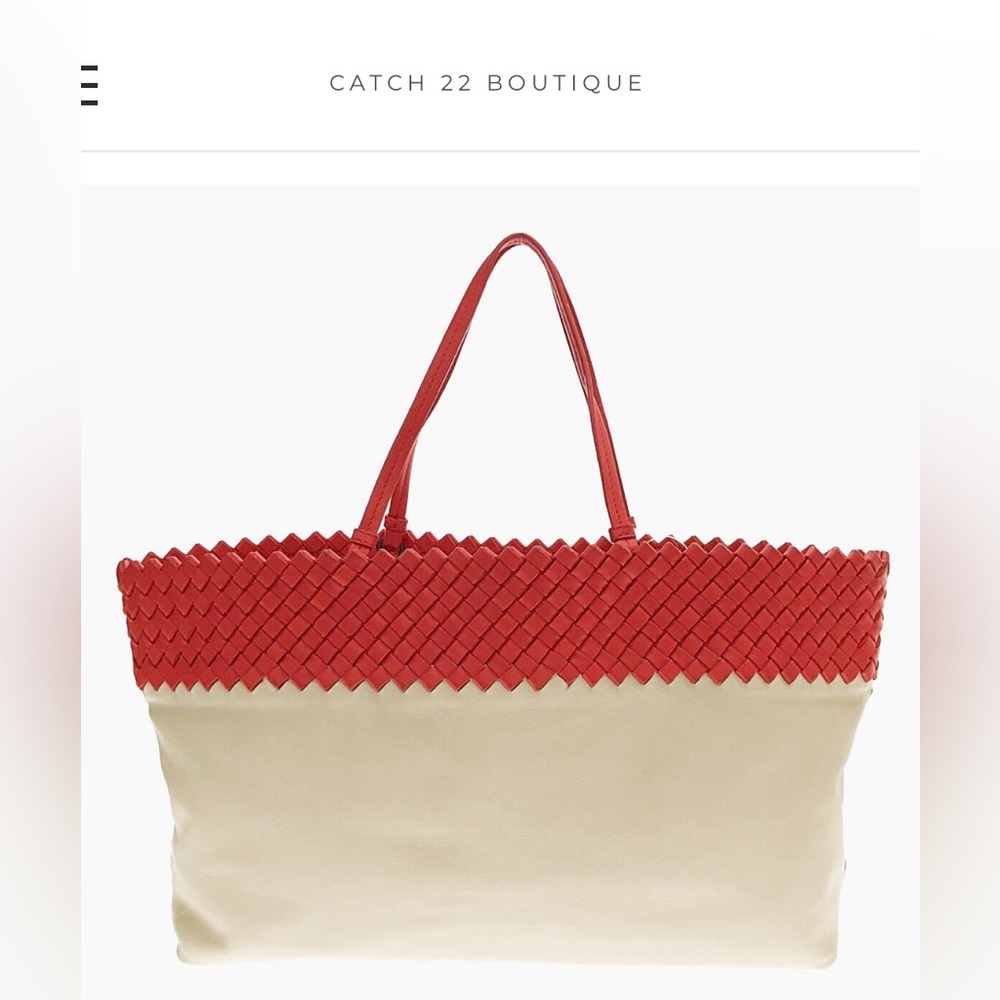 Bottega Veneta Red Intrecciato Trimmed Cream Leather Tote